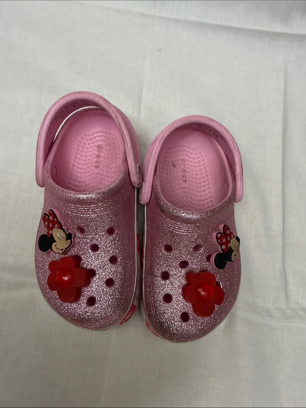 Pink Glitter Kids Clog Shoes with Minnie Mouse Accents